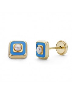 18K PENDIENTES ORO AMARILLO PERLA Y ESMALTE AZUL 5 MM CIERRE TUERCA