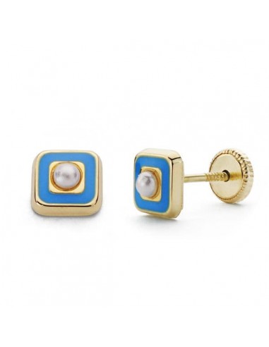18K PENDIENTES ORO AMARILLO PERLA Y ESMALTE AZUL 5 MM CIERRE TUERCA