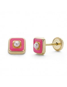 18K PENDIENTES ORO AMARILLO PERLAS ESMALTE ROSA 5 MM CIERRE TUERCA