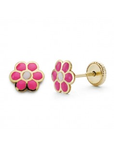 18K PENDIENTES ORO AMARILLO MARGARITA ROSA 6X6 MM CIERRE TUERCA