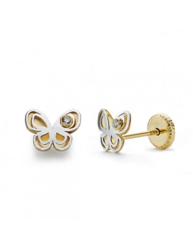 18K PENDIENTES ORO BICOLOR MARIPOSA CIRCONITA 5X6 MM CIERRE TUERCA