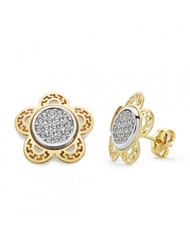 18K PENDIENTES ORO BICOLOR FLOR 12X12 MM CIERRE PRESION