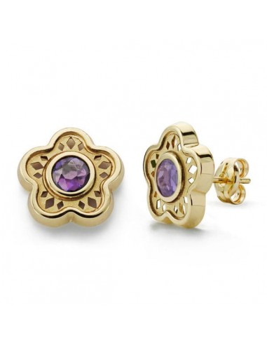 18K PENDIENTES FLOR PIEDRA COLOR AMATISTA ORO AMARILLO 11 MM CIERRE PRESION