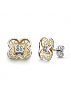 18K PENDIENTES ORO BICOLOR TREBOL CIRCONITA 9 MM CIERRE PRESION