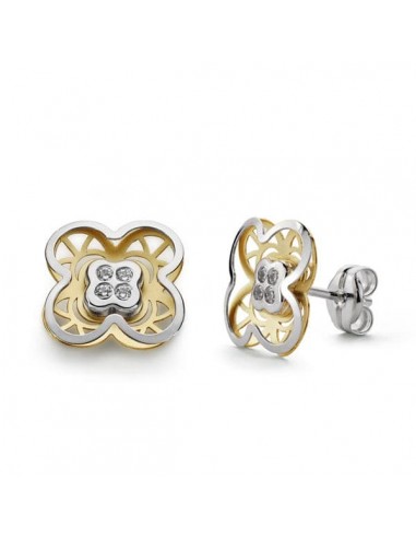 18K PENDIENTES ORO BICOLOR TREBOL CIRCONITA 9 MM CIERRE PRESION