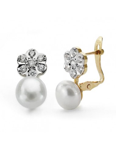 18K PENDIENTES PERLA 7 MM Y FLOR ORO BICOLOR CIERRE CATALAN