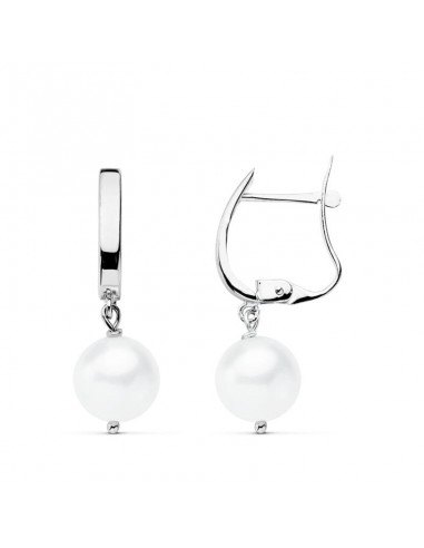 18K PENDIENTES ORO BLANCO PERLA 25X7.5 MM CIERRE CATALAN