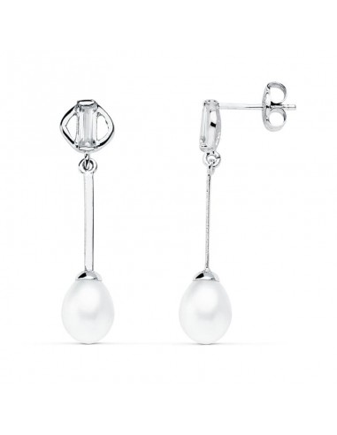 18K PENDIENTES ORO BLANCO PERLA 29X6 MM CIERRE PRESION