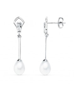 18K PENDIENTES ORO BLANCO CON CIRCONITAS BAGUETTE Y PERLAS. MEDIDA: 31X6 MM. CIERRE PRESION