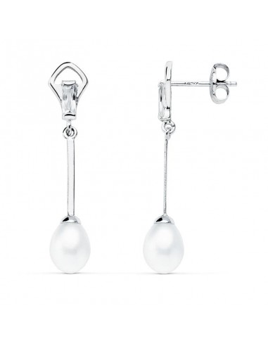 18K PENDIENTES ORO BLANCO CON CIRCONITAS BAGUETTE Y PERLAS. MEDIDA: 31X6 MM. CIERRE PRESION