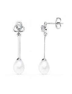 18K PENDIENTES LARGOS ORO BLANCO PERLA 27X6 MM CIERRE PRESION