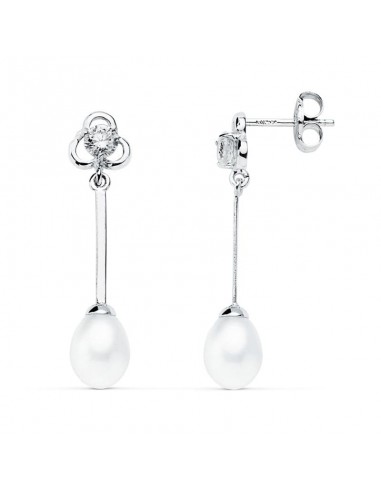 18K PENDIENTES LARGOS ORO BLANCO PERLA 27X6 MM CIERRE PRESION