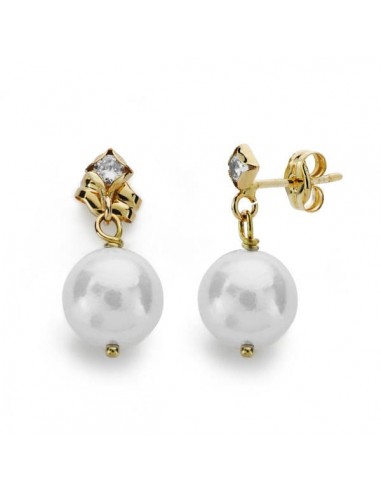 18K PENDIENTES LARGOS ORO AMARILLO PERLA CIRCONITA 17X8 MM CIERRE PRESION