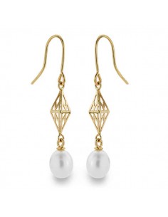 18K PENDIENTES PERLA GANCHO ORO AMARILLO 40X7 MM CIERRE GANCHO