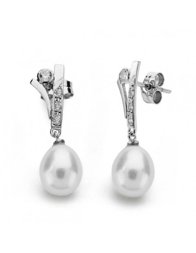 18K PENDIENTES ORO BLANCO PERLA 23X7 MM CIERRE PRESION