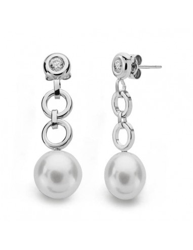 18K PENDIENTES ORO BLANCO PERLA CIRCONITA 29X9 MM CIERRE PRESION
