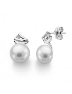 18K PENDIENTES ORO BLANCO PERLA CIRCONITA 11X7 MM CIERRE PRESION