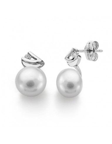 18K PENDIENTES ORO BLANCO PERLA CIRCONITA 11X7 MM CIERRE PRESION