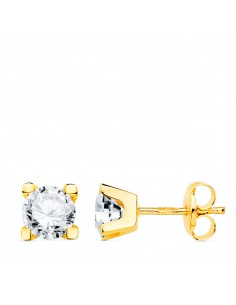 18K PENDIENTES ORO AMARILLO CIRCONITAS 5 MM. 4 GARRAS. CIERRE PRESIÓN