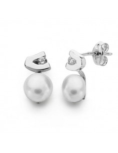 18K PENDIENTES ORO BLANCO PERLA CIRCONITA 11X6 MM CIERRE PRESION