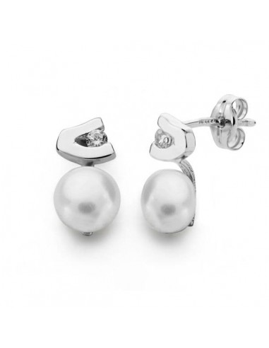 18K PENDIENTES ORO BLANCO PERLA CIRCONITA 11X6 MM CIERRE PRESION