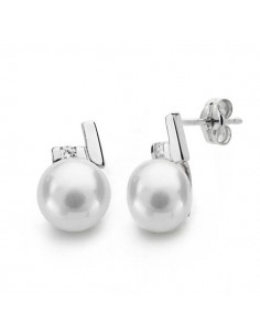 18K PENDIENTES ORO BLANCO PERLA CIRCONITA 12X8 MM CIERRE PRESION