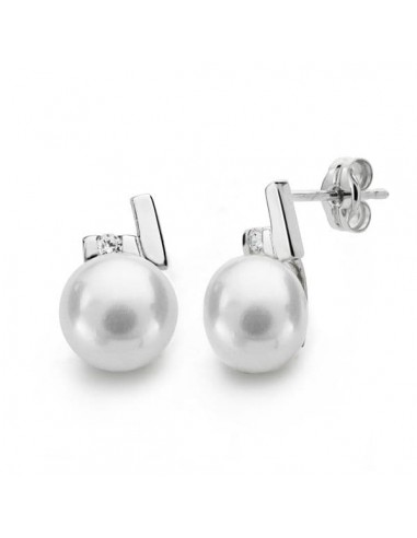 18K PENDIENTES ORO BLANCO PERLA CIRCONITA 12X8 MM CIERRE PRESION
