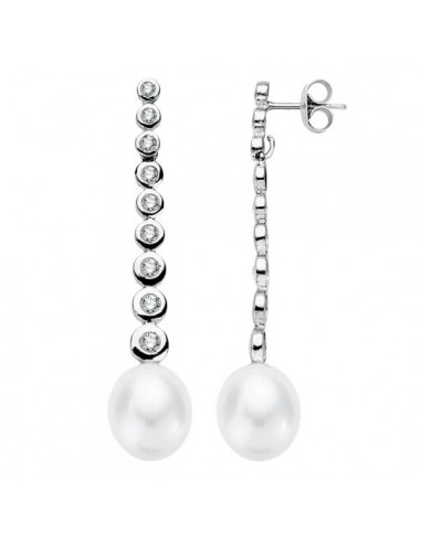 18K PENDIENTES ORO BLANCO PERLA 40X8 MM CIERRE PRESION