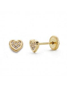 18K PENDIENTES ORO AMARILLO CORAZON CIRCONITA 5X4 MM CIERRE TUERCA