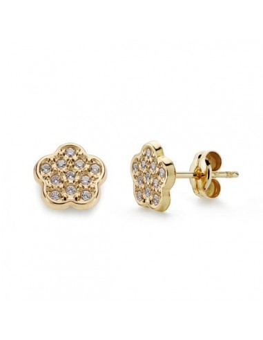 18K PENDIENTES ORO AMARILLO FLOR CIRCONITA 7X7 MM CIERRE PRESION