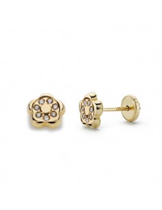 18K PENDIENTES ORO AMARILLO FLOR CIRCONITA 6X6 MM CIERRE TUERCA