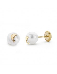 18K PENDIENTES ORO AMARILLO PERLA Y DELFIN 6 MM TUERCA