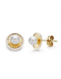 18K PENDIENTES ORO BICOLOR REDONDOS Y PERLA 8 MM PRESION