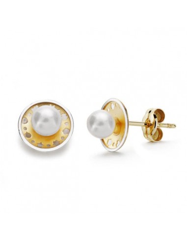 18K PENDIENTES ORO BICOLOR REDONDOS Y PERLA 8 MM PRESION