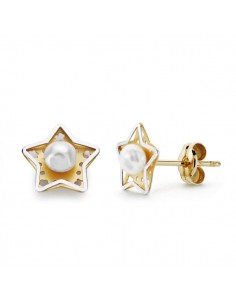18K PENDIENTES ORO AMARILLO ESTRELLA Y PERLA 8X8 MM CIERRE PRESION
