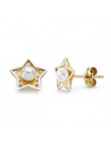 18K PENDIENTES ORO AMARILLO ESTRELLA Y PERLA 8X8 MM CIERRE PRESION