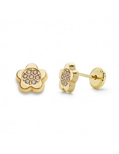 18K PENDIENTES ORO AMARILLO FLOR CIRCONITA 6X6 MM CIERRE TUERCA
