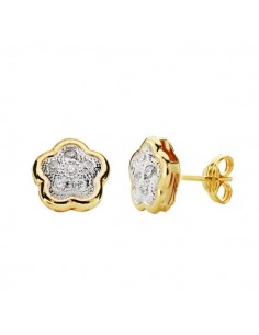 18K PENDIENTES FLOR CIRCONITA ORO BICOLOR 8X8 MM CIERRE PRESION