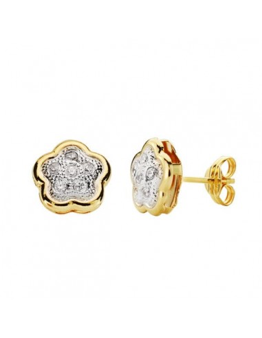 18K PENDIENTES FLOR CIRCONITA ORO BICOLOR 8X8 MM CIERRE PRESION