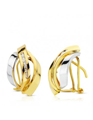18K PENDIENTES ORO BICOLOR BANDAS 17X11 MM CIERRE OMEGA