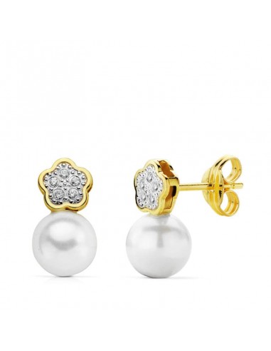 18K PENDIENTES COMUNION FLOR PERLA  ORO BICOLOR 12X6 MM CIERRE PRESION