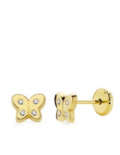 18K PENDIENTES ORO AMARILLO MARIPOSA CIRCONITA 6X5 MM CIERRE TUERCA