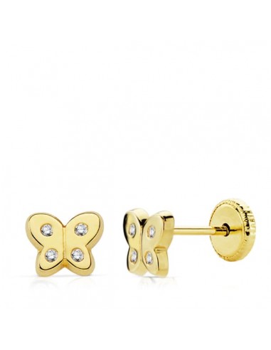 18K PENDIENTES ORO AMARILLO MARIPOSA CIRCONITA 6X5 MM CIERRE TUERCA