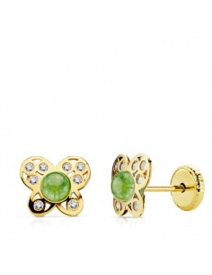 18K PENDIENTES ORO AMARILLO MARIPOSA PIEDRA VERDE Y CIRCONITA CIERRE TUERCA