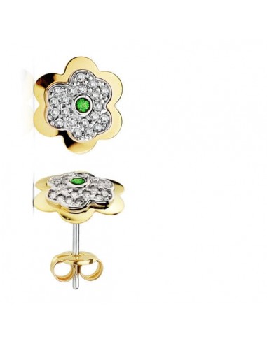 18K PENDIENTES ORO AMARILLO FLOR 6 HOJAS ESMERALDA CIRCONITA 6 MM CIERRE PRESION