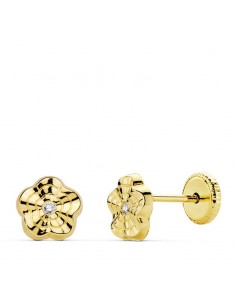 18K PENDIENTES ORO AMARILLO FLOR ONDAS 6X6 MM CIERRE TUERCA