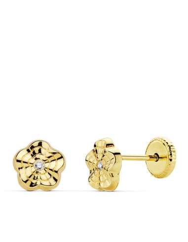 18K PENDIENTES ORO AMARILLO FLOR ONDAS 6X6 MM CIERRE TUERCA