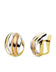 18K PENDIENTES TRICOLOR BANDAS 15X12 MM CIERRE CATALAN