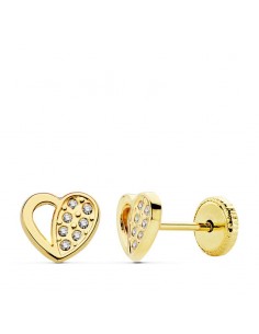 18K PENDIENTES ORO AMARILLO CORAZON CIRCONITA 7X6 MM CIERRE TUERCA