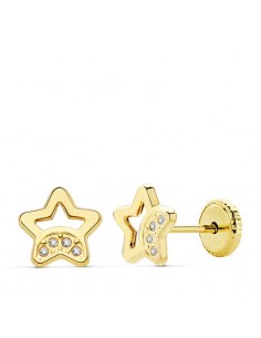 18K PENDIENTES ORO AMARILLO ESTRELLA CIRCONITA 7 MM CIERRE TUERCA